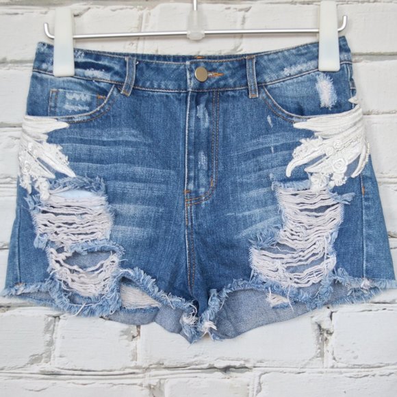 Denim Applique Wings & Lips Made In Japan Shorts - Picture 2 of 4